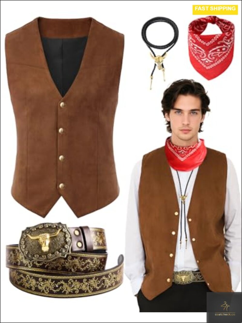 4 Piece Men's Western Cowboy Costume Set Suede Vest Belt Bolo Tie Bandana